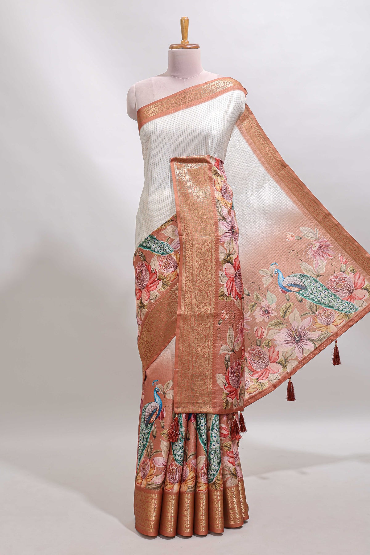 Cream & brown dual shade checked peacock & floral design tussar saree with self zari border and matching blouse