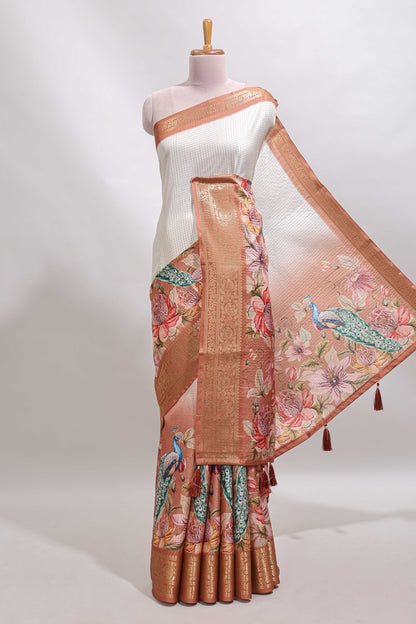 Cream & brown dual shade checked peacock & floral design tussar saree with self zari border and matching blouse