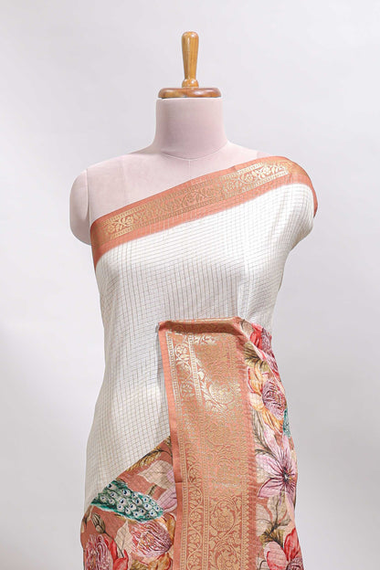 Cream & brown dual shade checked peacock & floral design tussar saree with self zari border and matching blouse