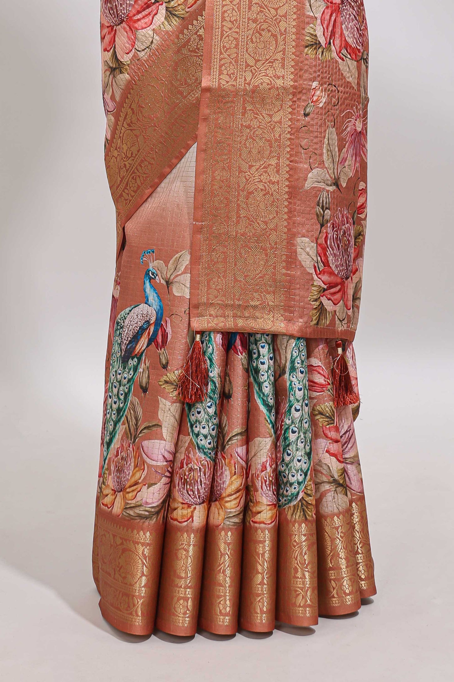 Cream & brown dual shade checked peacock & floral design tussar saree with self zari border and matching blouse