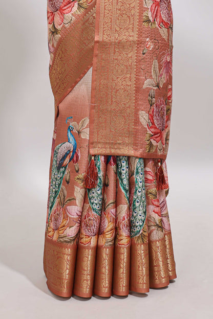 Cream & brown dual shade checked peacock & floral design tussar saree with self zari border and matching blouse