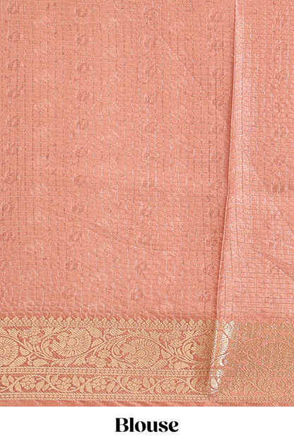 Cream & brown dual shade checked peacock & floral design tussar saree with self zari border and matching blouse