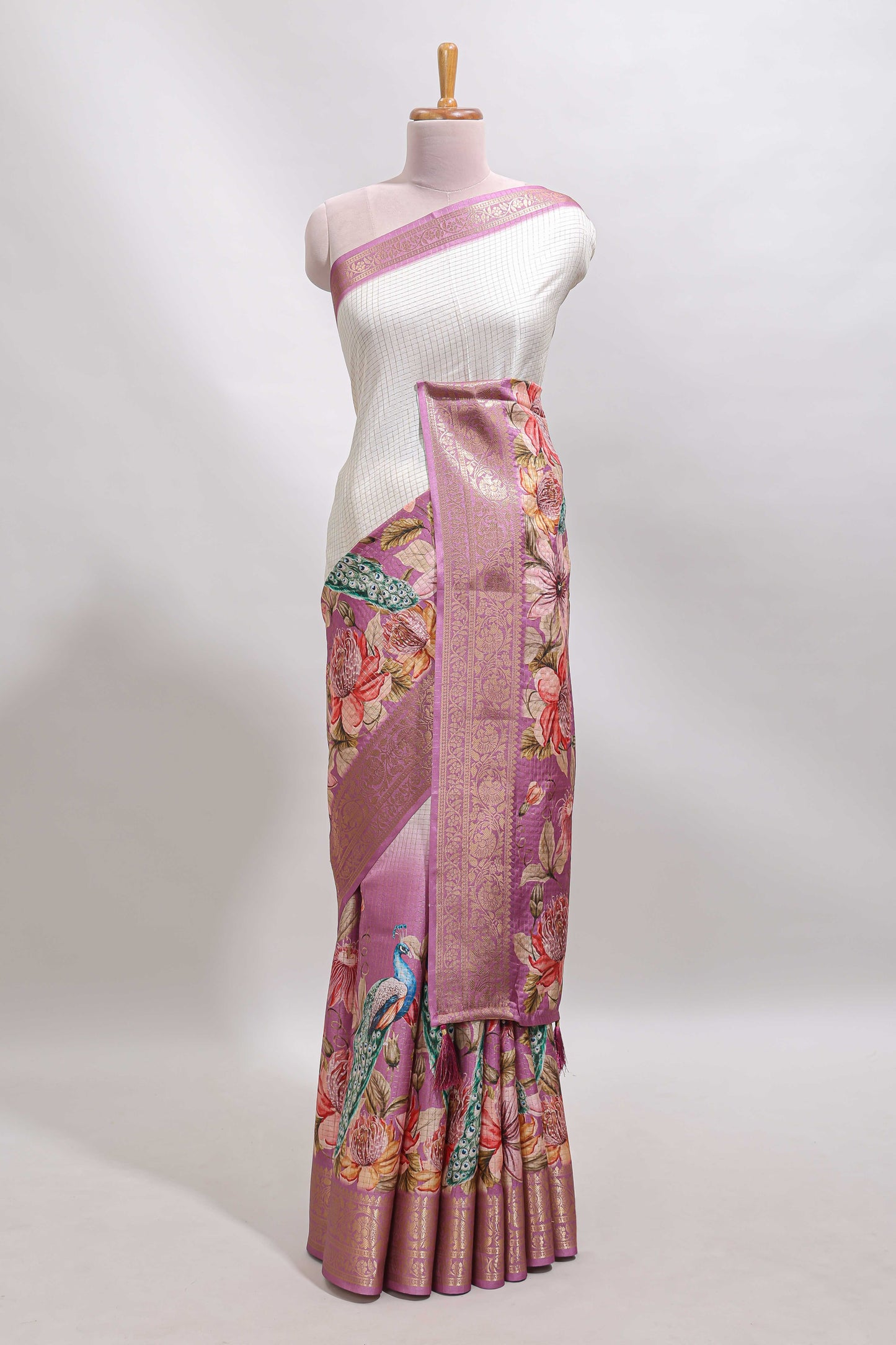 Cream & pink dual shade checked peacock & floral design tussar saree with self zari border and matching blouse