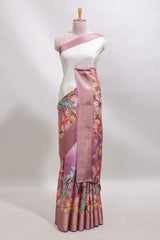 Cream & pink dual shade checked peacock & floral design tussar saree with self zari border and matching blouse