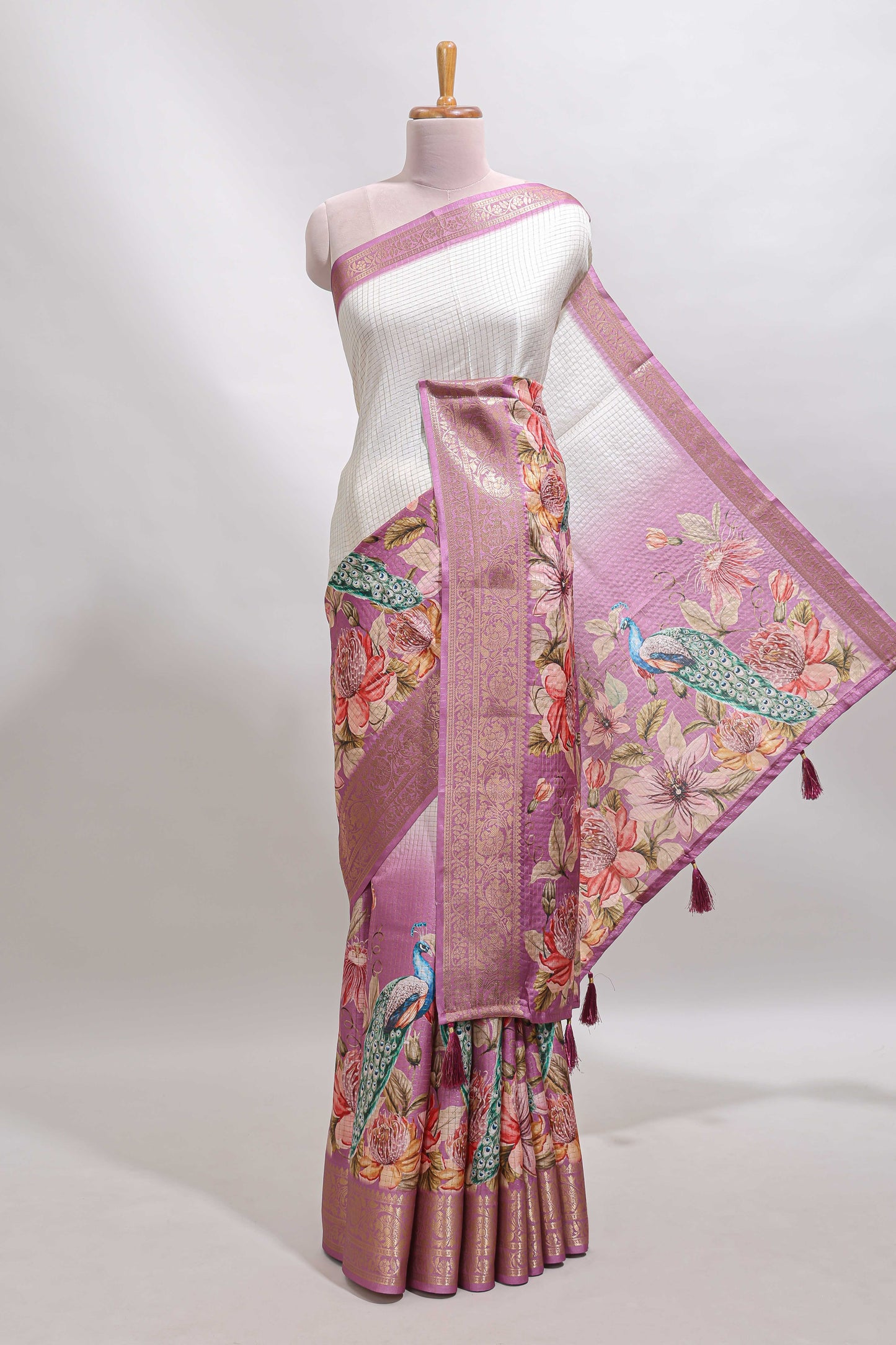 Cream & pink dual shade checked peacock & floral design tussar saree with self zari border and matching blouse