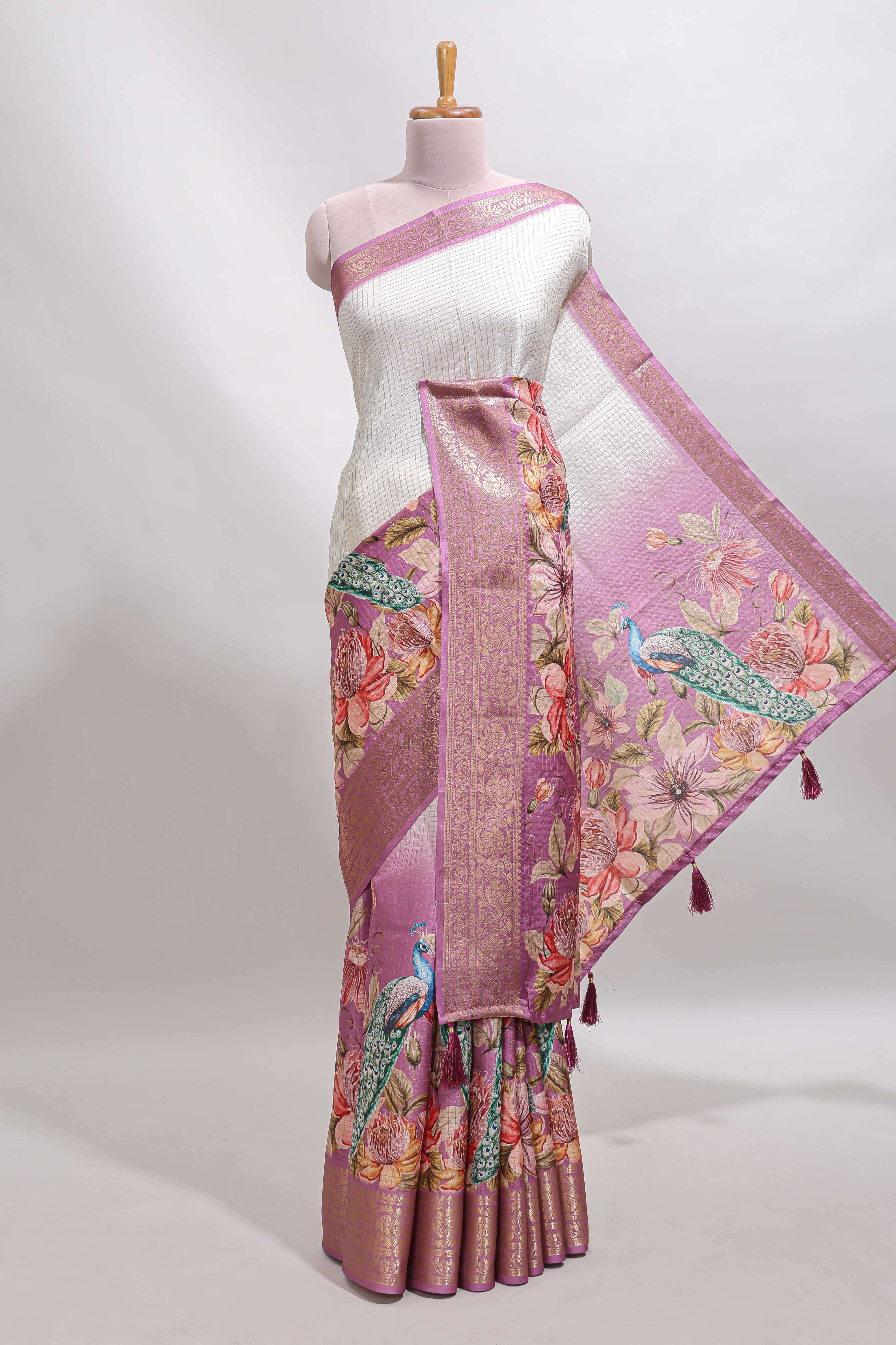 Cream & pink dual shade checked peacock & floral design tussar saree with self zari border and matching blouse