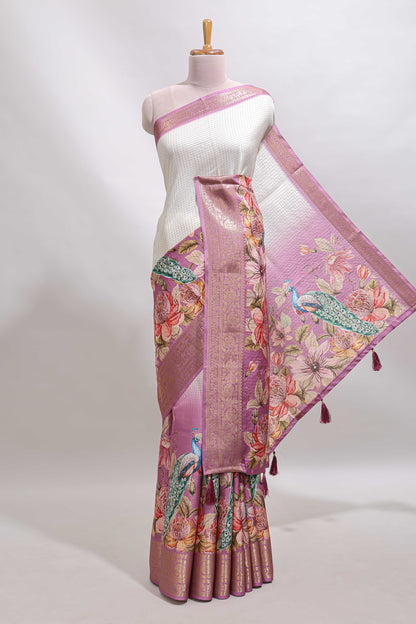 Cream & pink dual shade checked peacock & floral design tussar saree with self zari border and matching blouse