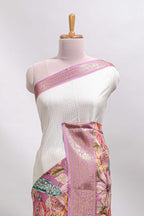 Cream & pink dual shade checked peacock & floral design tussar saree with self zari border and matching blouse