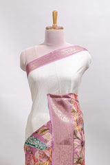 Cream & pink dual shade checked peacock & floral design tussar saree with self zari border and matching blouse