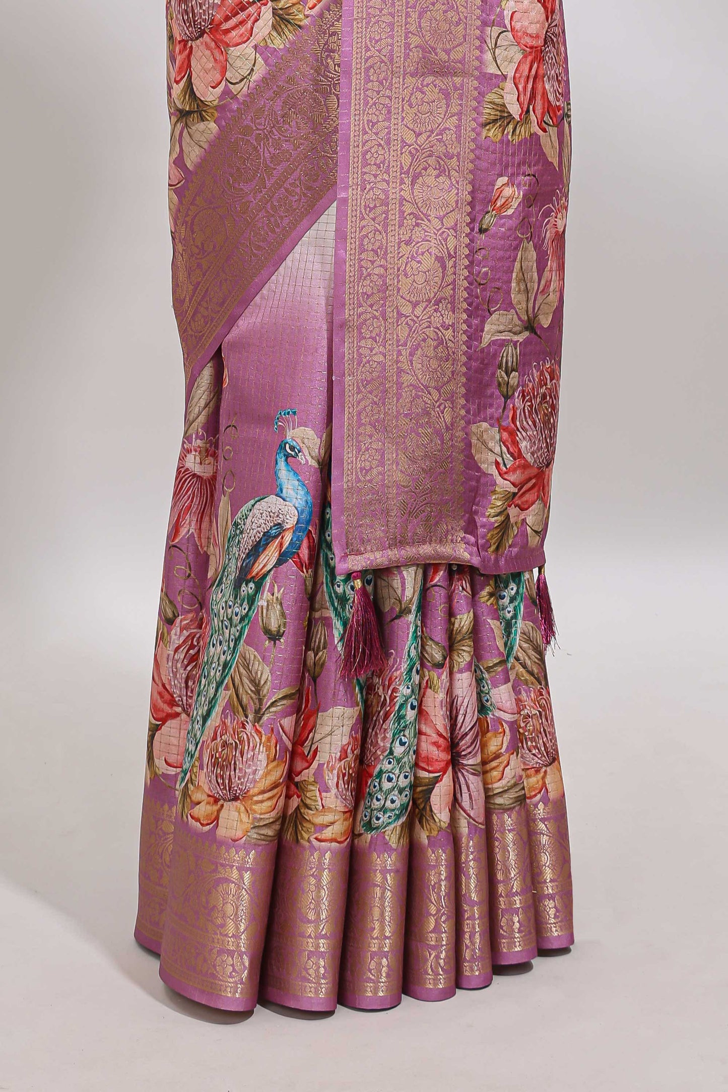 Cream & pink dual shade checked peacock & floral design tussar saree with self zari border and matching blouse