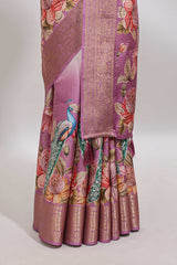 Cream & pink dual shade checked peacock & floral design tussar saree with self zari border and matching blouse