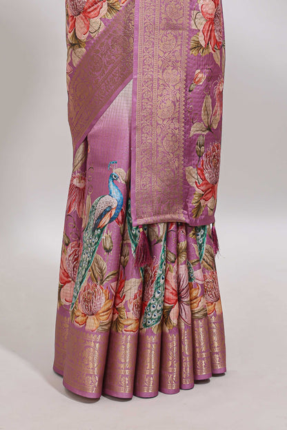 Cream & pink dual shade checked peacock & floral design tussar saree with self zari border and matching blouse
