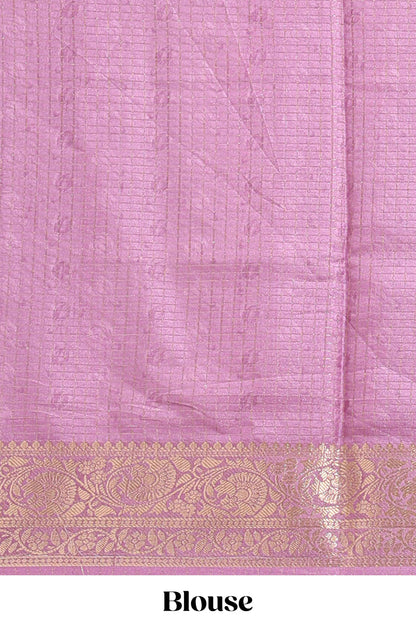 Cream & pink dual shade checked peacock & floral design tussar saree with self zari border and matching blouse