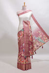 Cream & peach dual shade checked peacock & floral design tussar saree with self zari border and matching blouse
