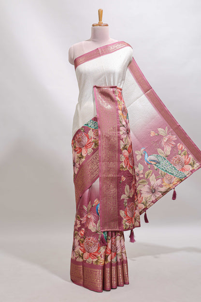 Cream & peach dual shade checked peacock & floral design tussar saree with self zari border and matching blouse