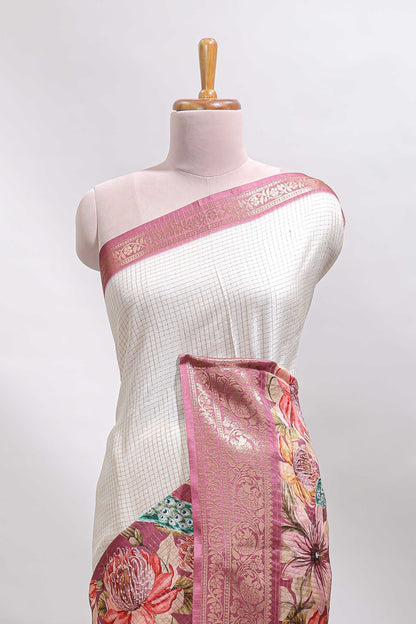 Cream & peach dual shade checked peacock & floral design tussar saree with self zari border and matching blouse