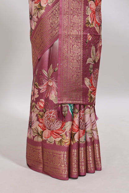 Cream & peach dual shade checked peacock & floral design tussar saree with self zari border and matching blouse