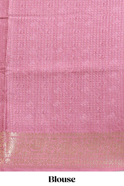 Cream & peach dual shade checked peacock & floral design tussar saree with self zari border and matching blouse