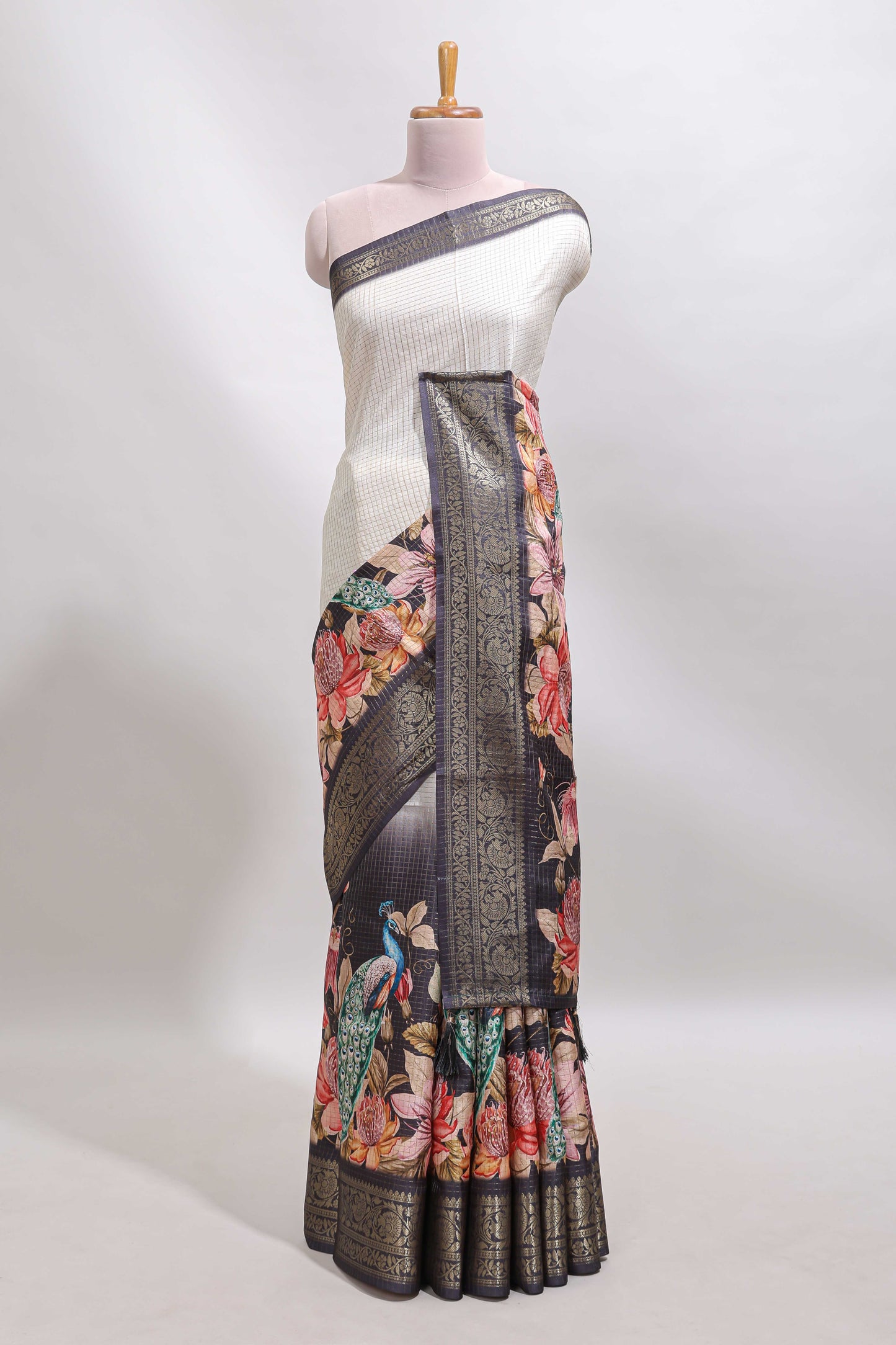 Cream & black dual shade checked peacock & floral design tussar saree with self zari border and matching blouse