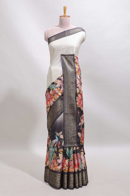 Cream & black dual shade checked peacock & floral design tussar saree with self zari border and matching blouse