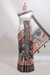 Cream & black dual shade checked peacock & floral design tussar saree with self zari border and matching blouse