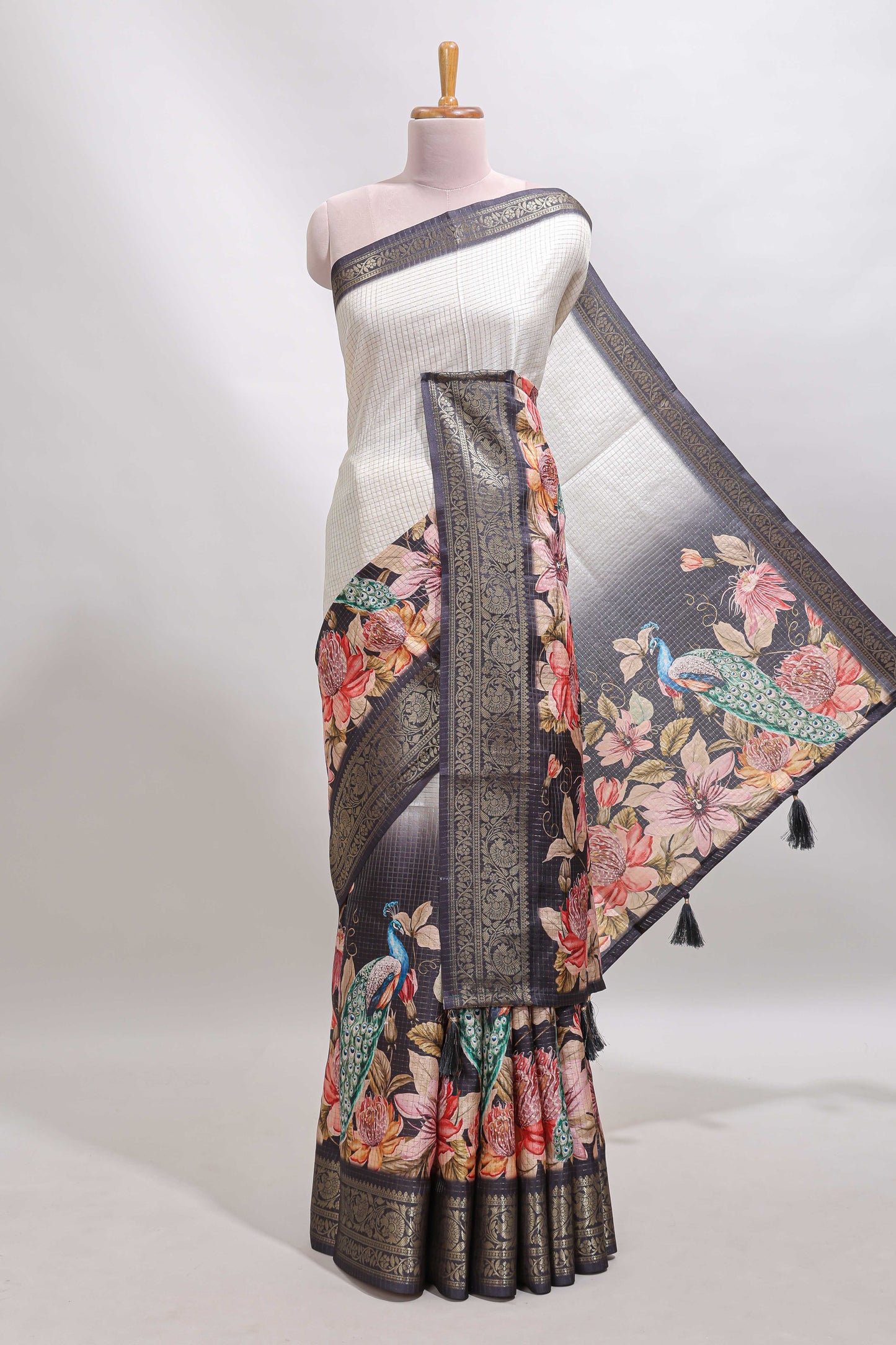 Cream & black dual shade checked peacock & floral design tussar saree with self zari border and matching blouse