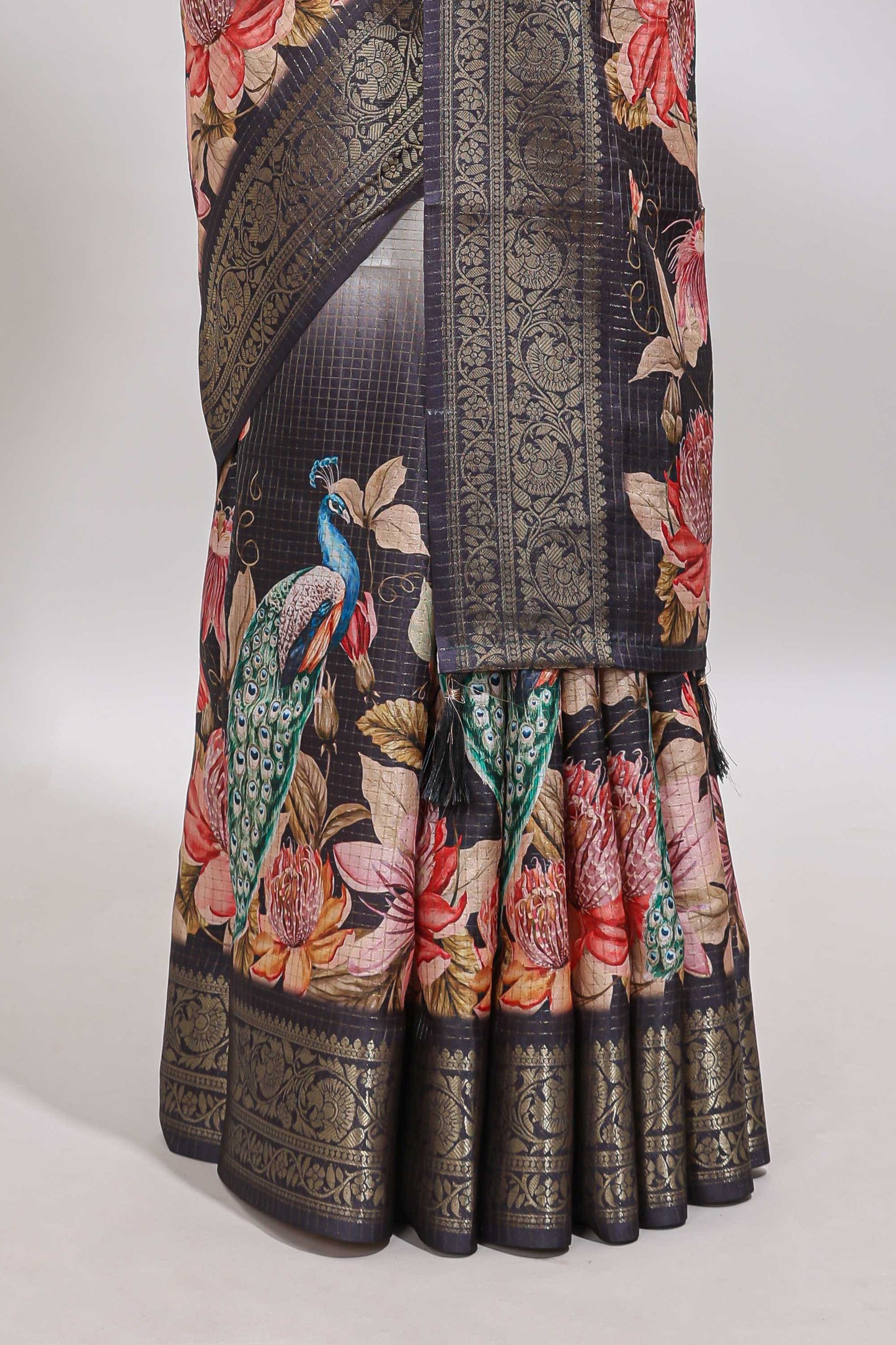 Cream & black dual shade checked peacock & floral design tussar saree with self zari border and matching blouse
