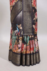 Cream & black dual shade checked peacock & floral design tussar saree with self zari border and matching blouse