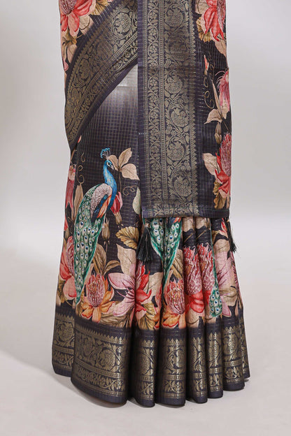 Cream & black dual shade checked peacock & floral design tussar saree with self zari border and matching blouse