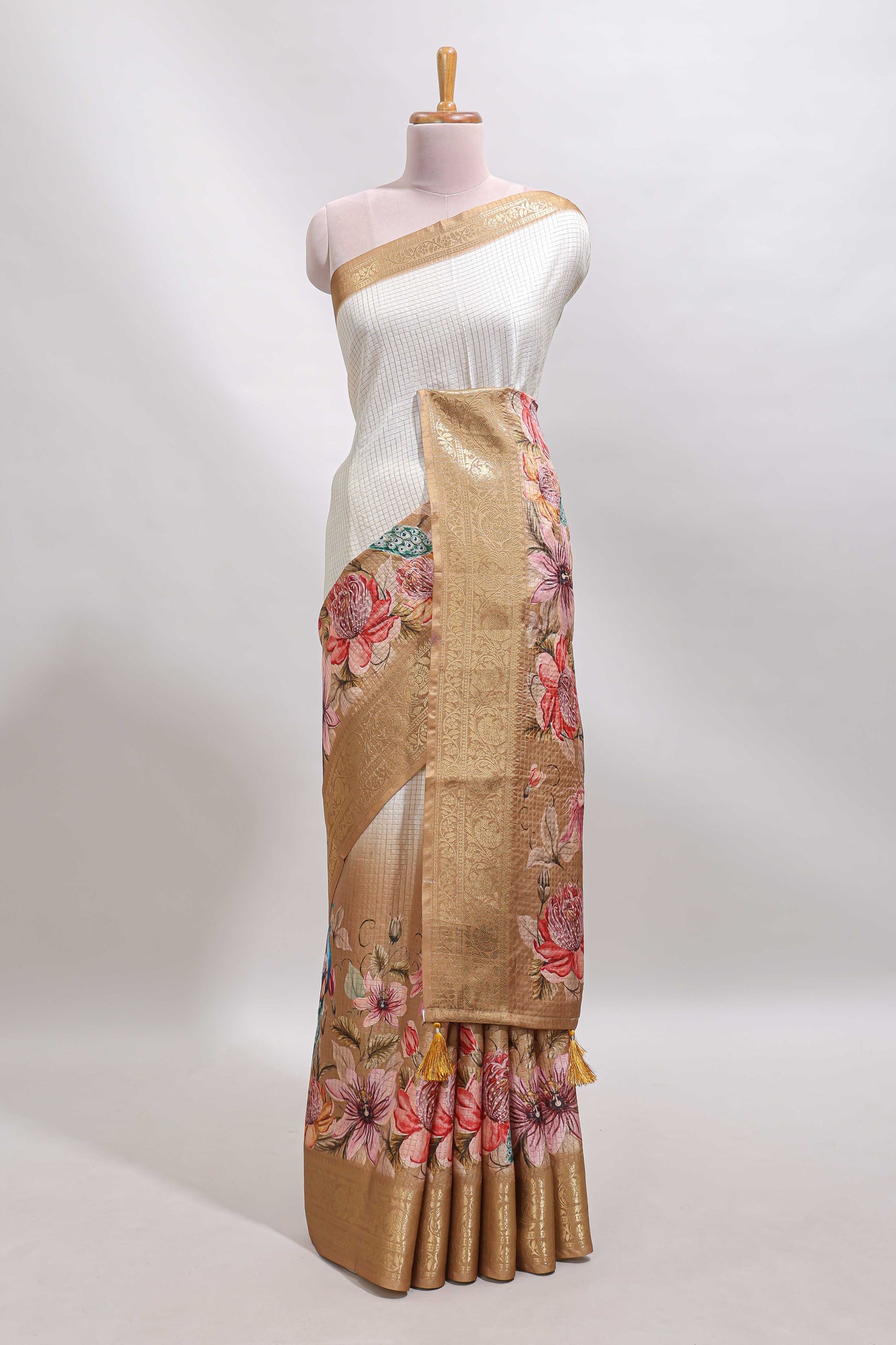 Cream & mustard dual shade checked peacock & floral design tussar saree with self zari border and matching blouse