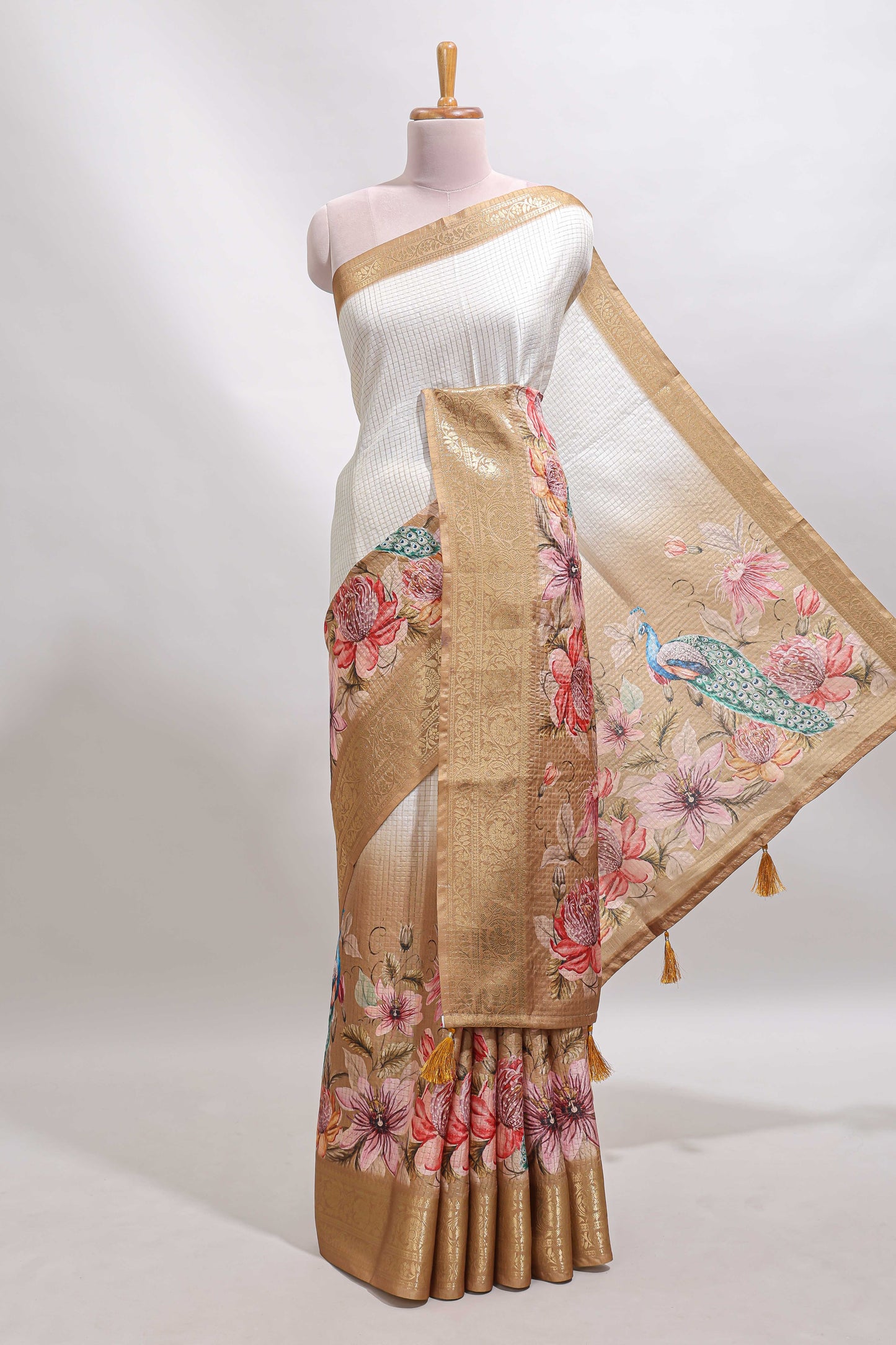 Cream & mustard dual shade checked peacock & floral design tussar saree with self zari border and matching blouse