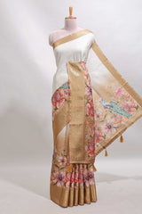 Cream & mustard dual shade checked peacock & floral design tussar saree with self zari border and matching blouse