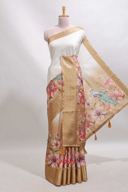 Cream & mustard dual shade checked peacock & floral design tussar saree with self zari border and matching blouse