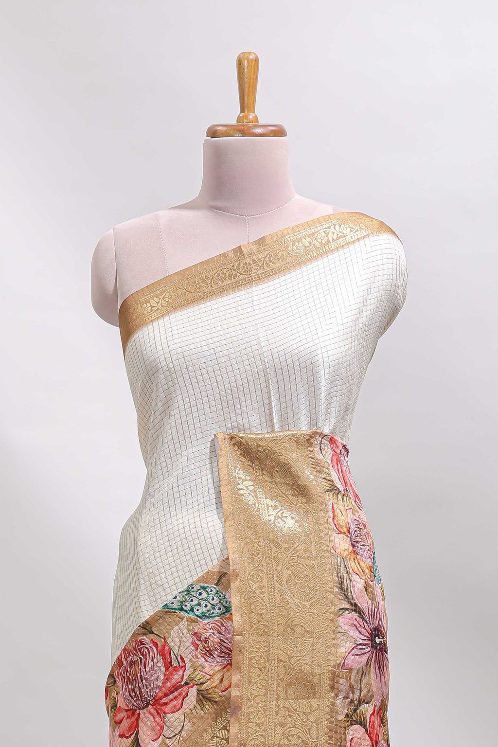 Cream & mustard dual shade checked peacock & floral design tussar saree with self zari border and matching blouse