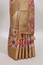 Cream & mustard dual shade checked peacock & floral design tussar saree with self zari border and matching blouse