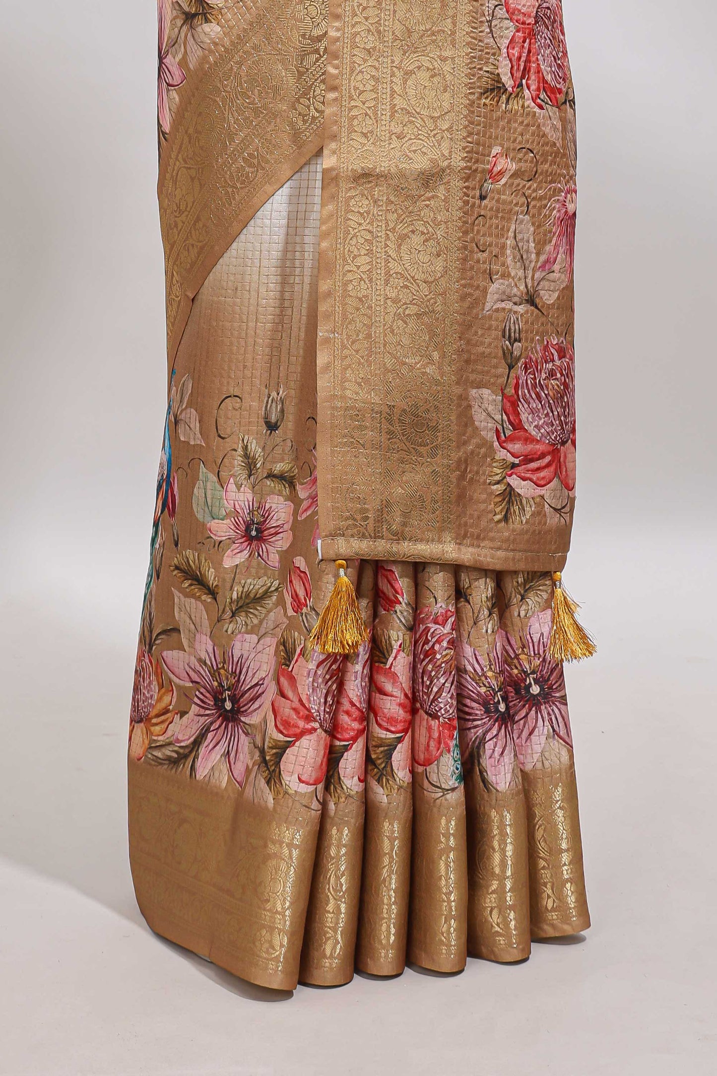 Cream & mustard dual shade checked peacock & floral design tussar saree with self zari border and matching blouse