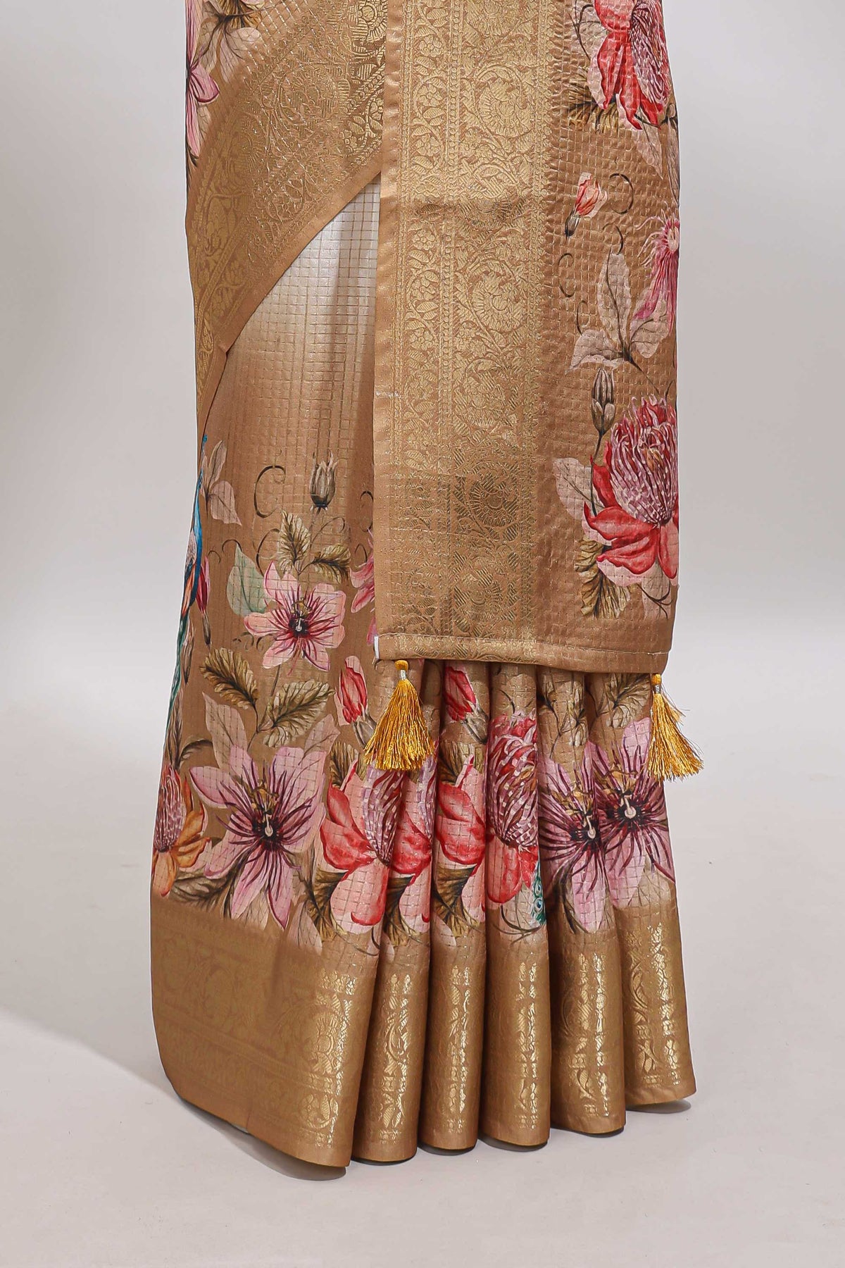 Cream & mustard dual shade checked peacock & floral design tussar saree with self zari border and matching blouse