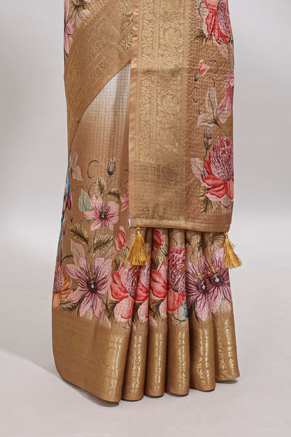 Cream & mustard dual shade checked peacock & floral design tussar saree with self zari border and matching blouse