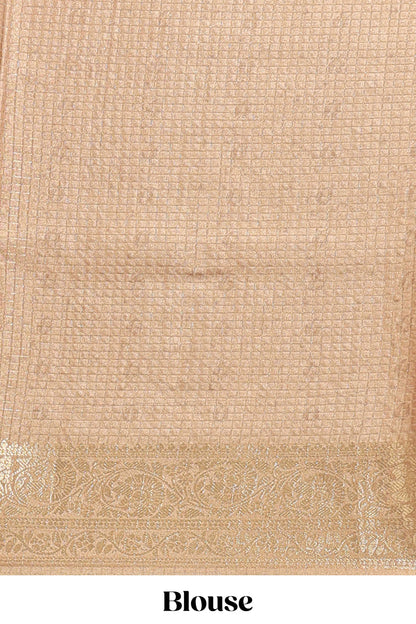 Cream & mustard dual shade checked peacock & floral design tussar saree with self zari border and matching blouse