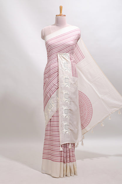 Cream striped tussar saree with contrast border and matching printed blouse