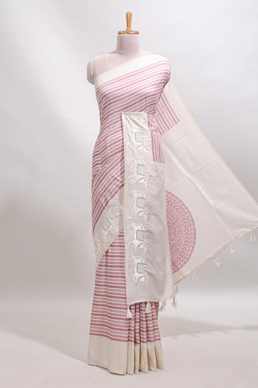 Cream striped tussar saree with contrast border and matching printed blouse
