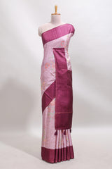 Pink geometric floral design tussar saree with contrast border and floral print blouse