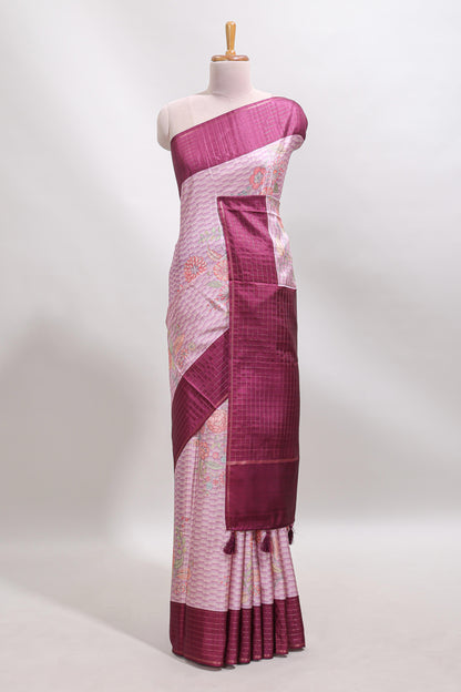 Pink geometric floral design tussar saree with contrast border and floral print blouse