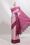 Pink geometric floral design tussar saree with contrast border and floral print blouse