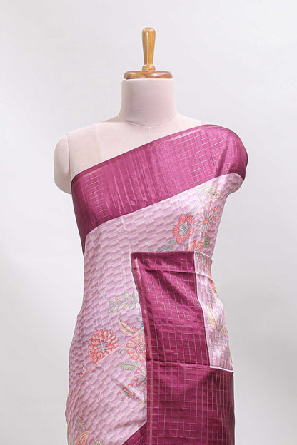 Pink geometric floral design tussar saree with contrast border and floral print blouse