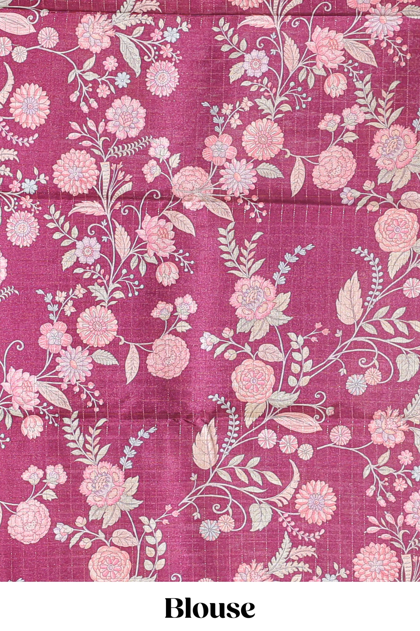 Pink geometric floral design tussar saree with contrast border and floral print blouse