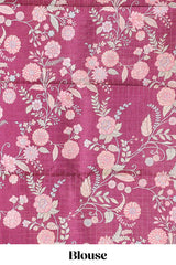 Pink geometric floral design tussar saree with contrast border and floral print blouse