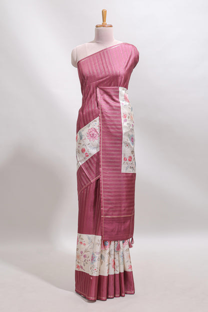 Cream floral design tussar saree with contrast border and floral print blouse