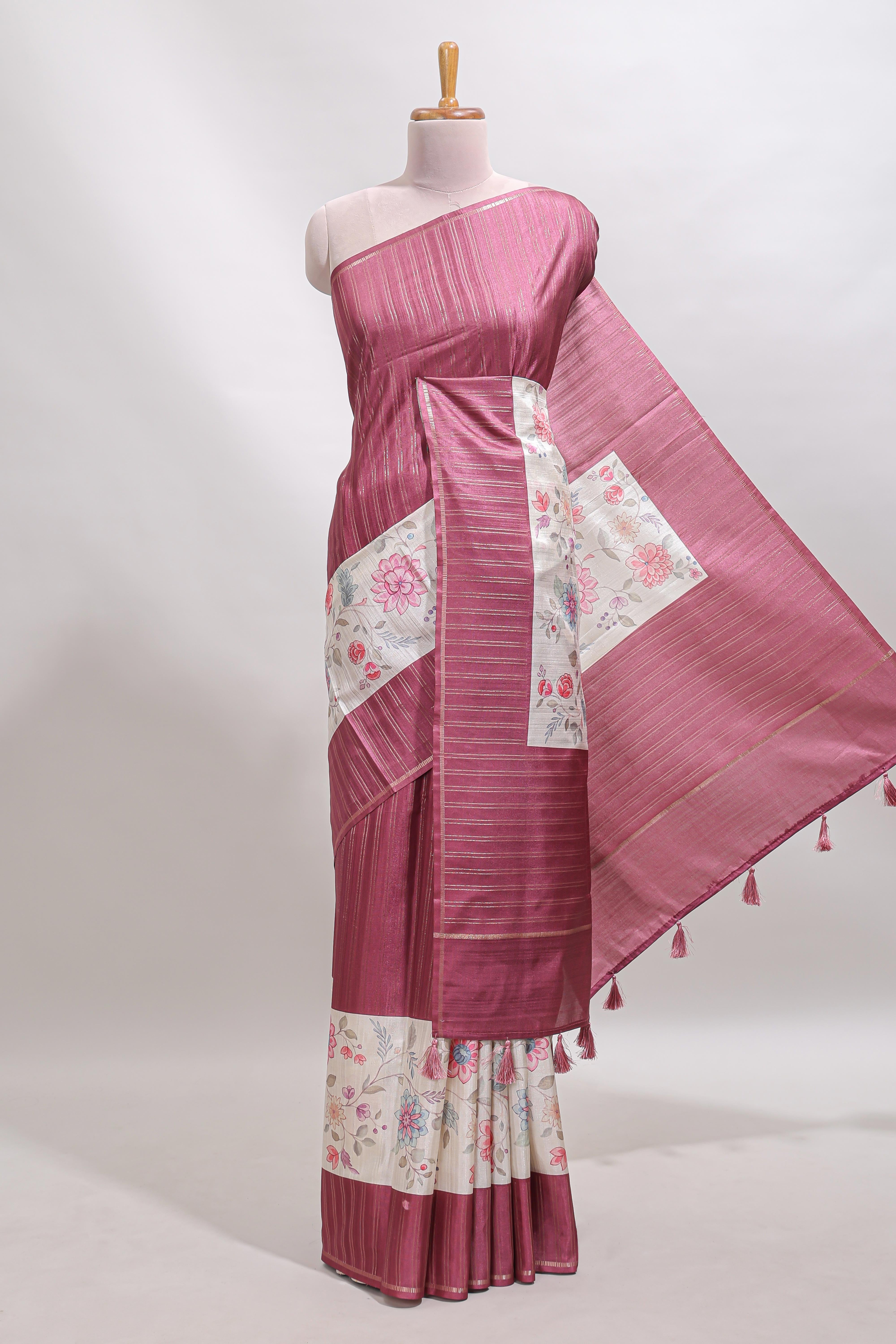 Cream floral design tussar saree with contrast border and floral print blouse