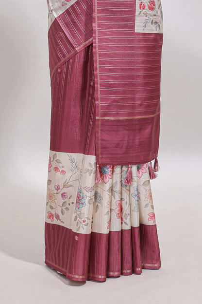Cream floral design tussar saree with contrast border and floral print blouse